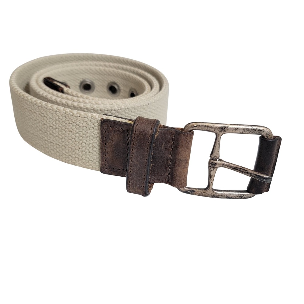 GAP Mens Beige Cotton Webbing Leather Belt Brown Distressed Buckle Sz 36 USA